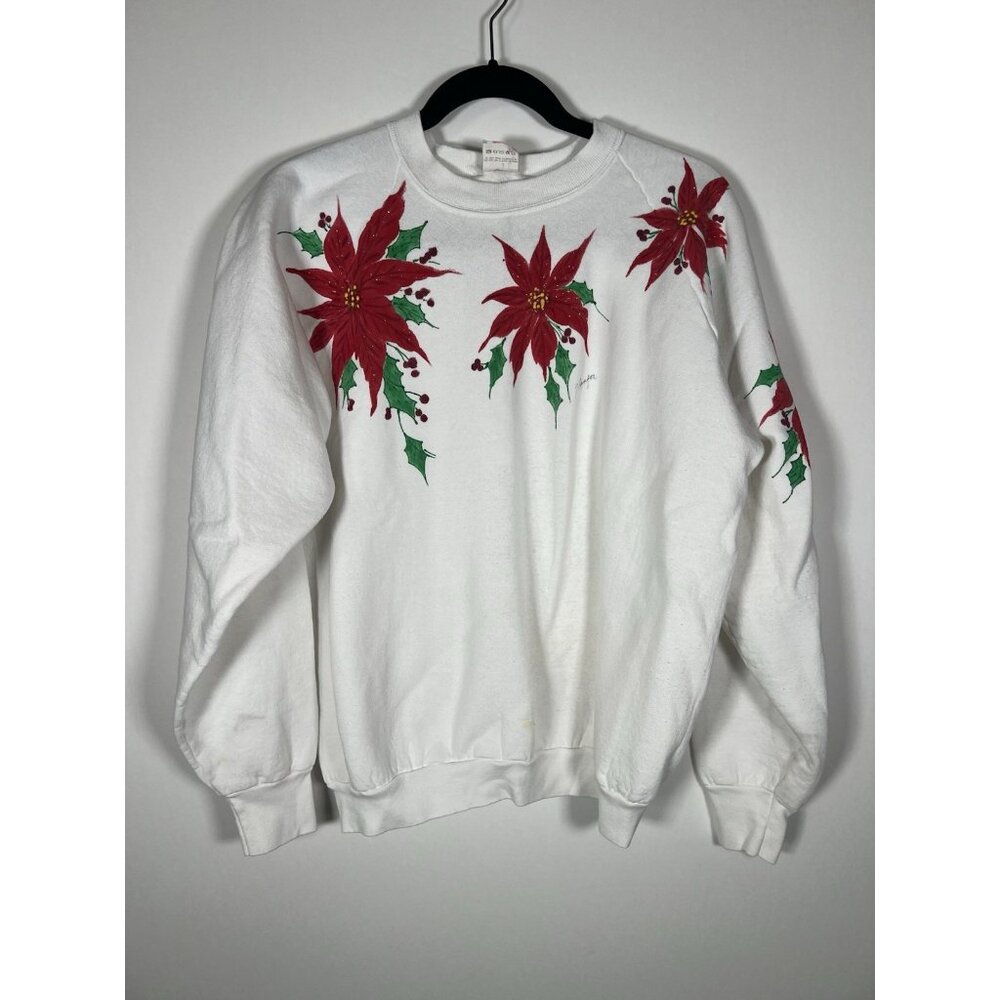 Vintage 90s Fruit of Loom handpainted Poinsettia Christmas white sweatshirt XL